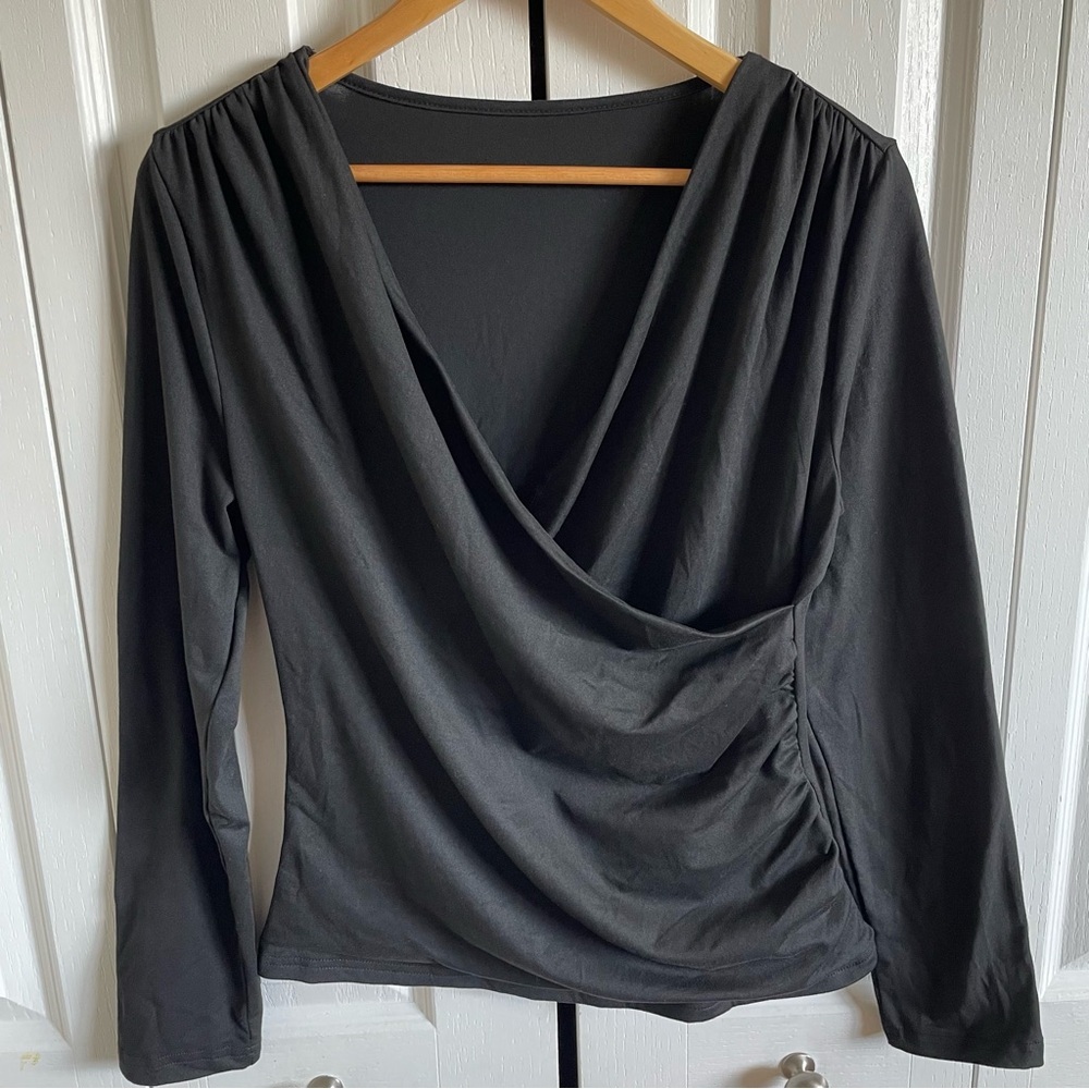 Draped Wrap Long Sleeve Top Women’s XL Black Stretch Soft Casual Career Gorpcore - Picture 2 of 9